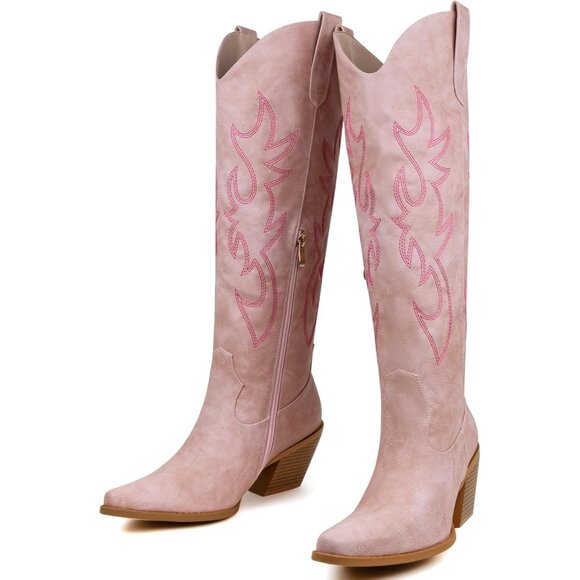 ⚡Women's Pink Knee High Cowgirl Boots with Retro Floral Embroidered Chunky Heel - Picture 1 of 5